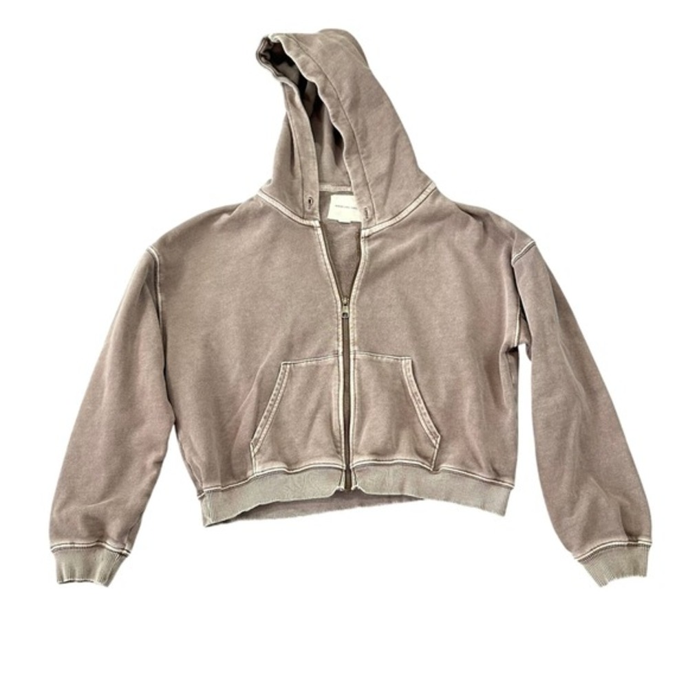 American Eagle Cropped Zip Up Hoodie Sweatshirt Womens Small Brown Mineral Wash